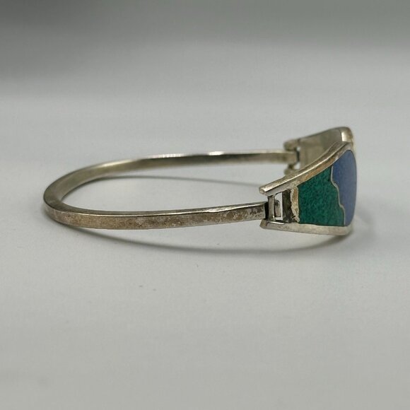 Vintage Alpaca Silver Bracelet Blue Green Inlay Geometric Hinged Cuff 7 Inch - Picture 11 of 15
